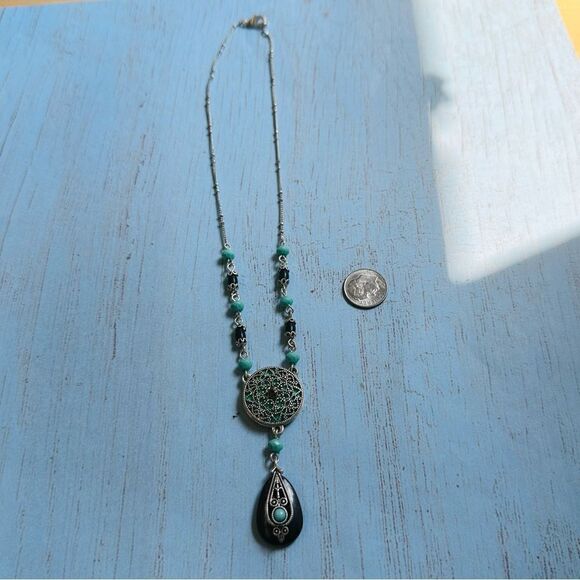 Avon Silver Turquoise Black Exotic Beaded Necklace - Picture 1 of 2